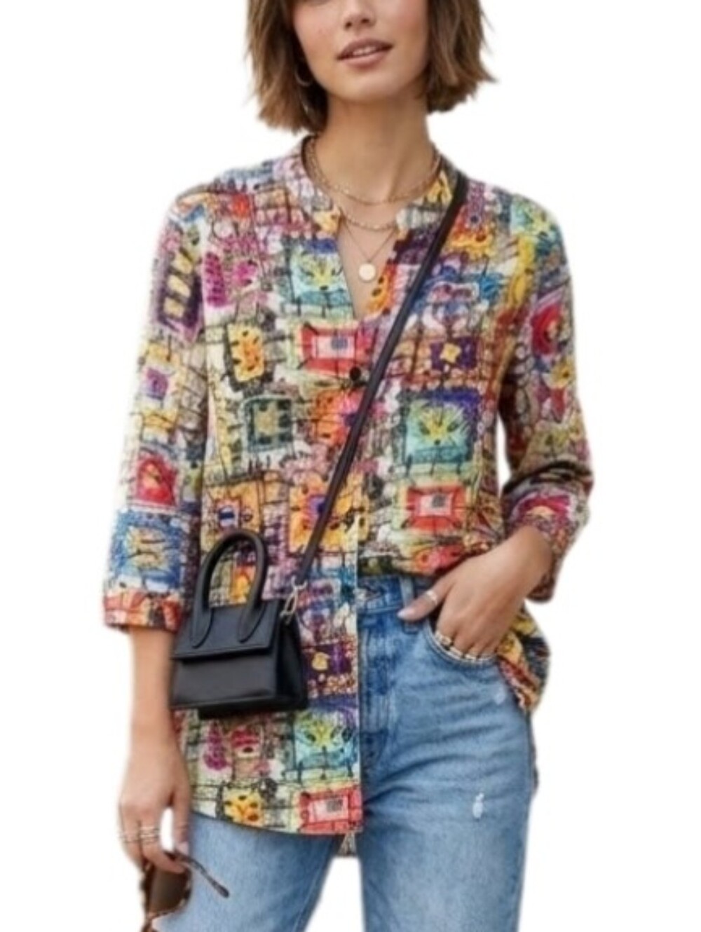 Parsley & Sage 3/4 Sleeve Colorful Abstract Novelty Print Blouse Blue Multi M